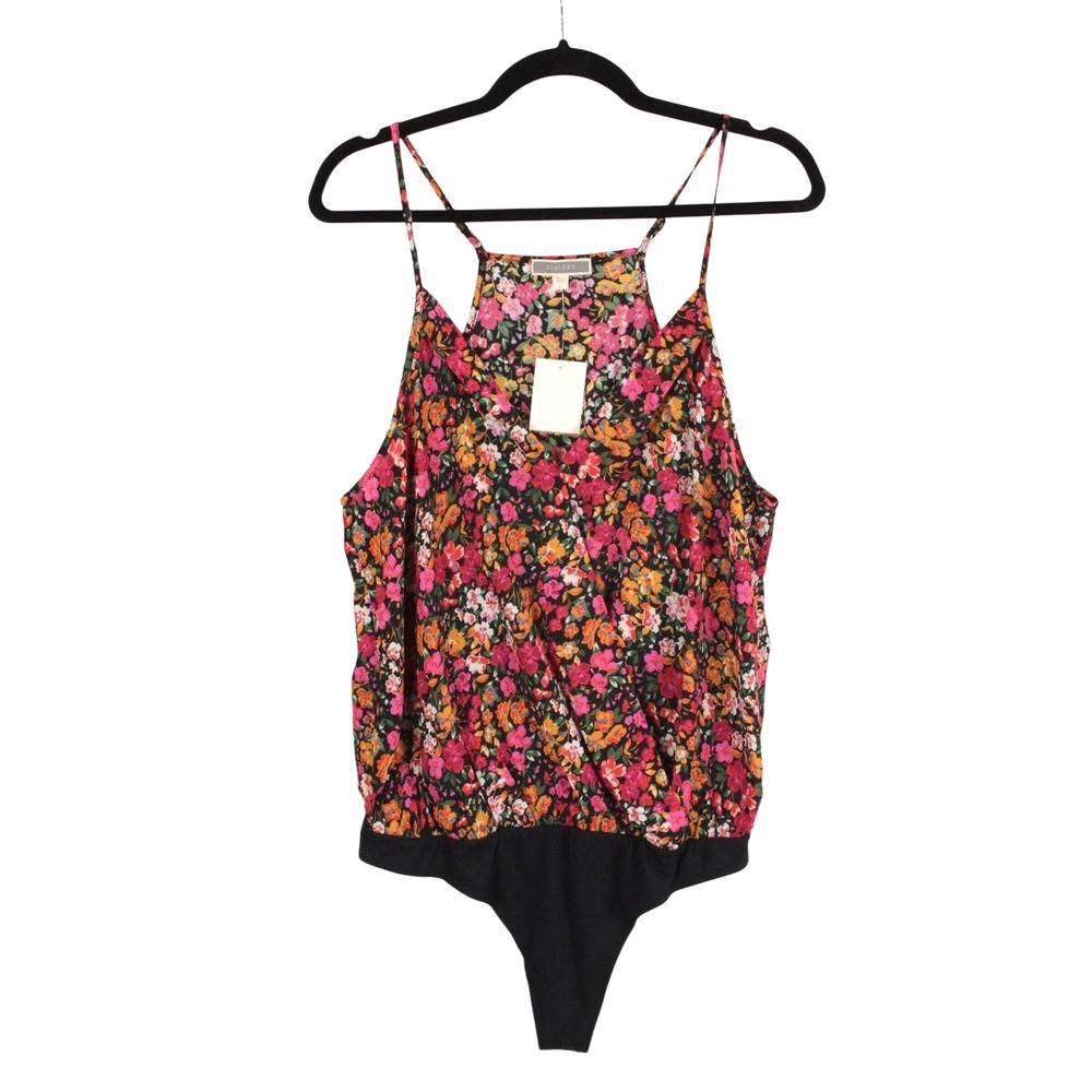 NWT Pleione Floral‎ Faux Wrap Strappy Bodysuit size L Pink Black Thong